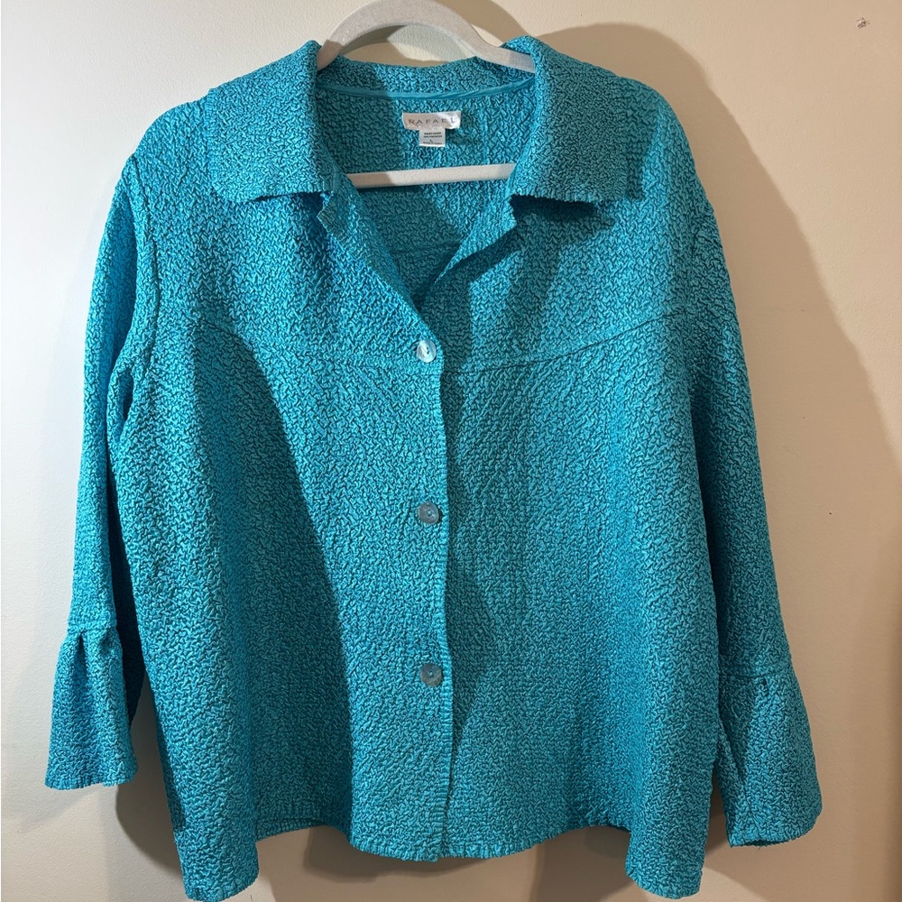 Rafael button down shirt women’s large turquoise textured crinkle-fabric blouse